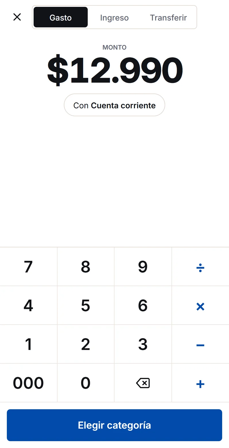 Pantalla para anotar un gasto de $12.990. Datos de ejemplo.